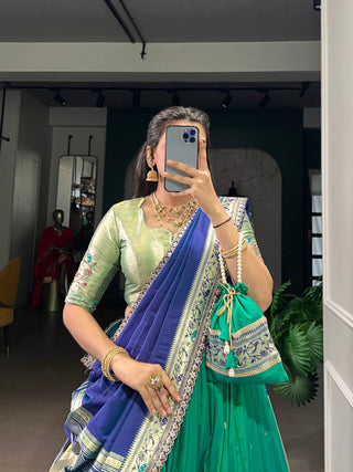 Teal Paithani Lehenga Set with Batwa ClothsVilla