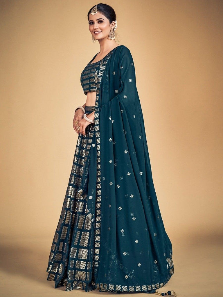 Teal Pakistani Georgette Lehenga Choli For Indian Festivals & Weddings - Sequence Embroidery Work, Clothsvilla