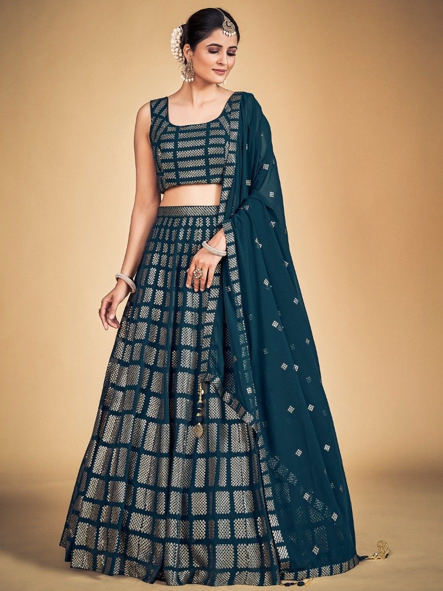 Teal Pakistani Georgette Lehenga Choli For Indian Festivals & Weddings - Sequence Embroidery Work, Secondary image