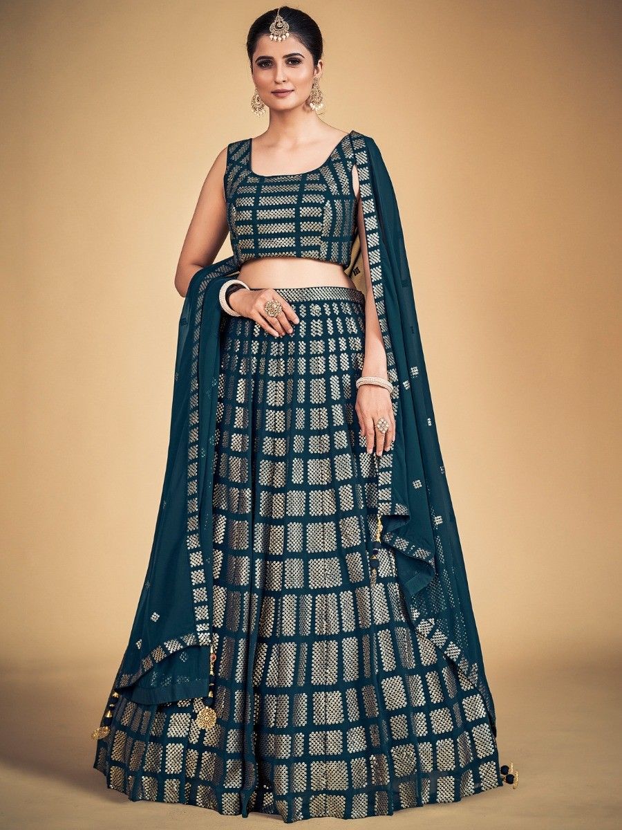 Teal Pakistani Georgette Lehenga Choli For Indian Festivals & Weddings - Sequence Embroidery Work, Clothsvilla Main image