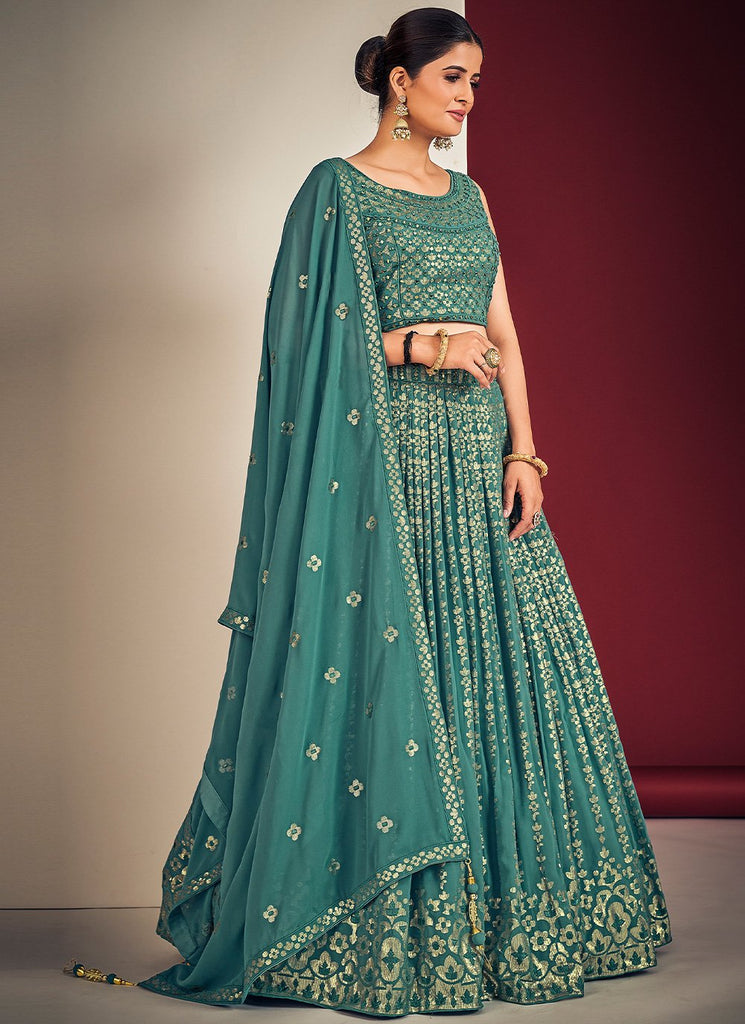 Teal Pakistani Georgette Lehenga Choli For Indian Festivals & Weddings - Sequence Embroidery Work, Mirror Work Clothsvilla