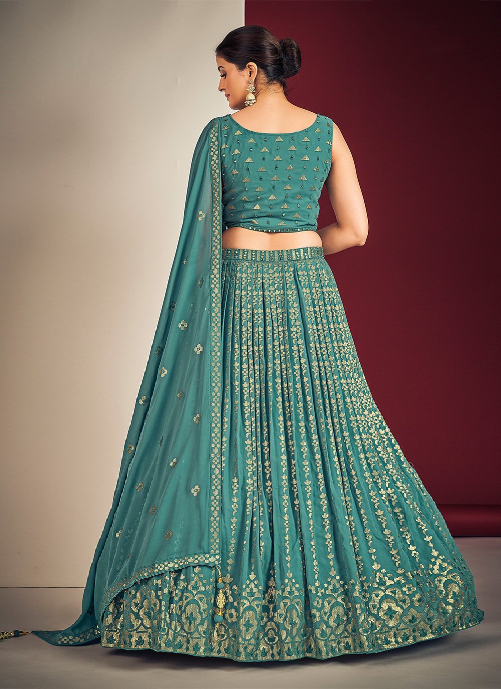 Teal Pakistani Georgette Lehenga Choli For Indian Festivals & Weddings - Sequence Embroidery Work, Mirror Work Secondary image