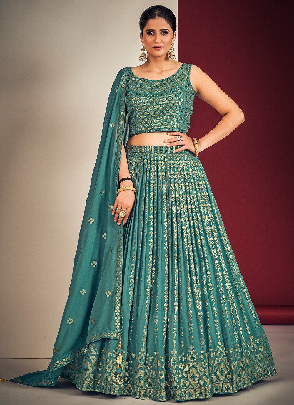 Teal Pakistani Georgette Lehenga Choli For Indian Festivals & Weddings - Sequence Embroidery Work, Mirror Work Clothsvilla Main image