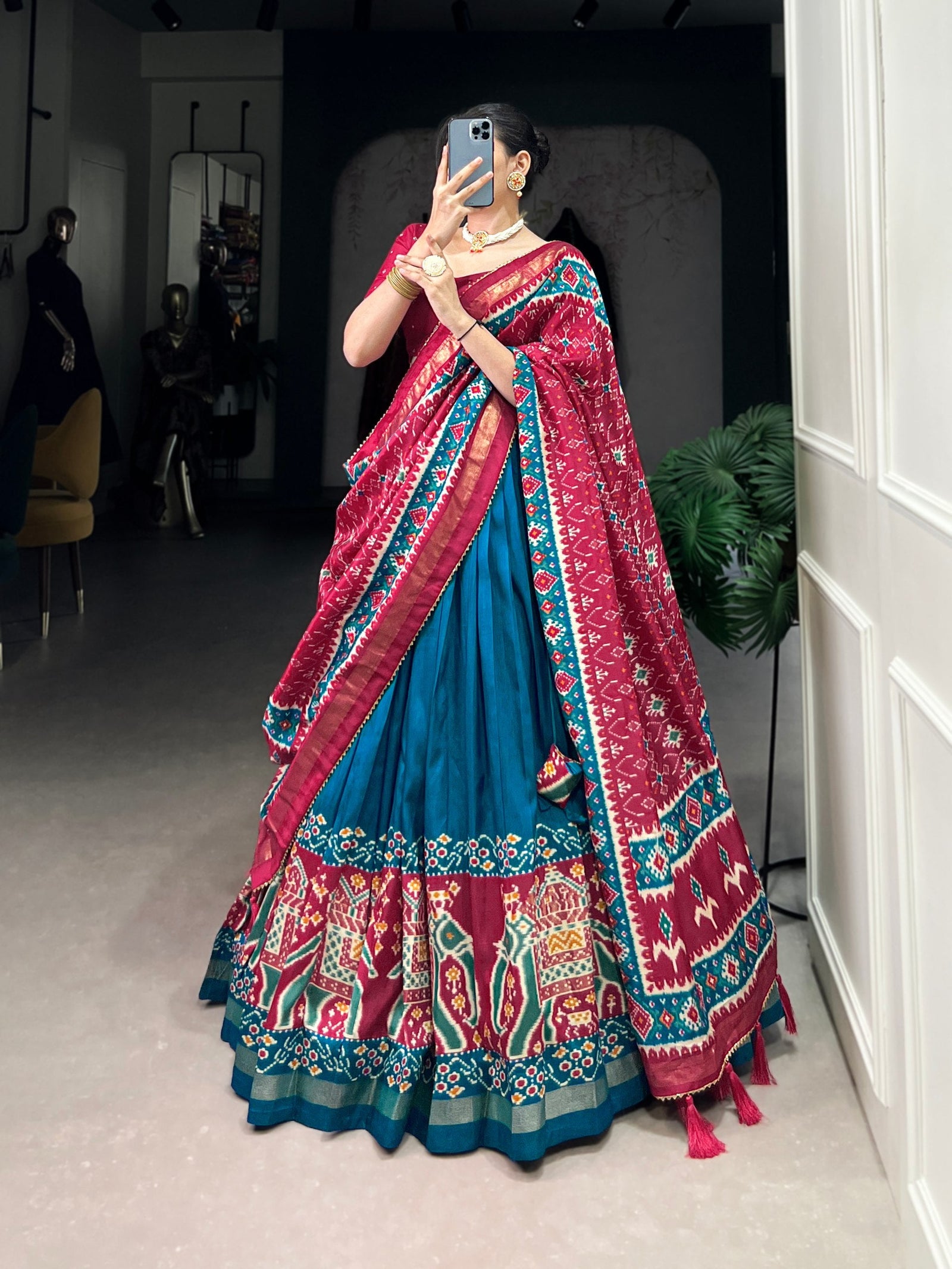 Teal Patola Print Tussar Silk Lehenga Set with Gotta Patti Dupatta ClothsVilla