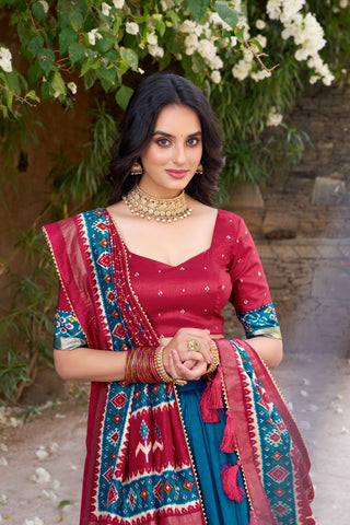 Teal Patola Print Tussar Silk Lehenga Set with Gotta Patti Dupatta ClothsVilla