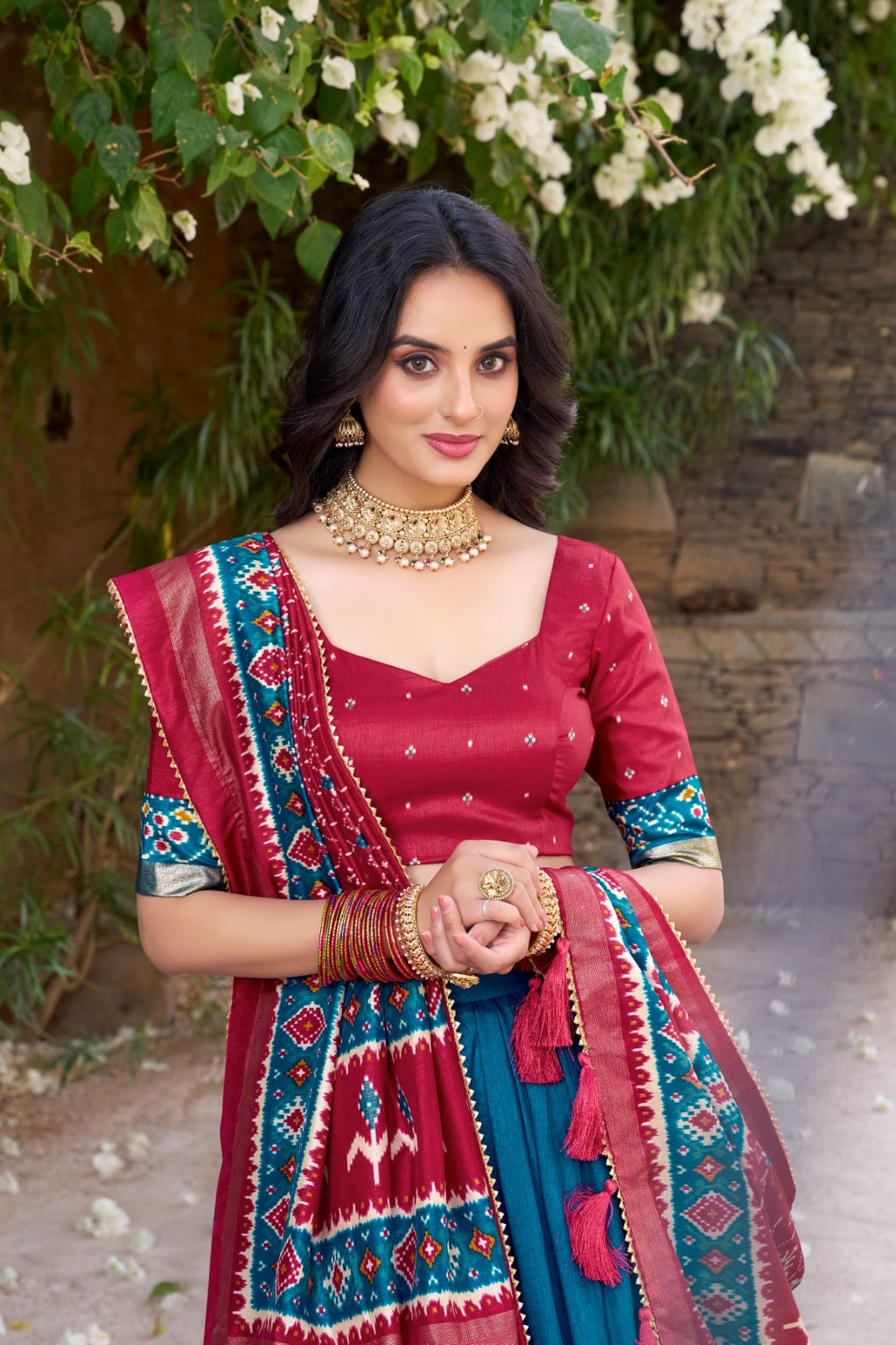 Teal Patola Print Tussar Silk Lehenga Set with Gotta Patti Dupatta ClothsVilla