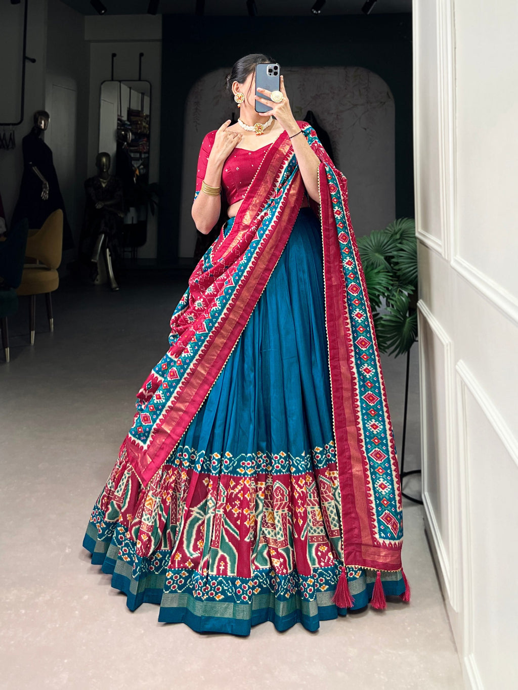 Teal Patola Print Tussar Silk Lehenga Set with Gotta Patti Dupatta ClothsVilla