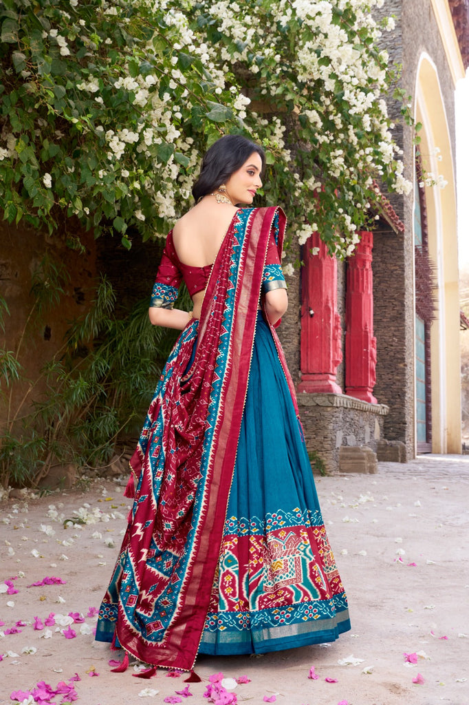 Teal Patola Print Tussar Silk Lehenga Set with Gotta Patti Dupatta ClothsVilla