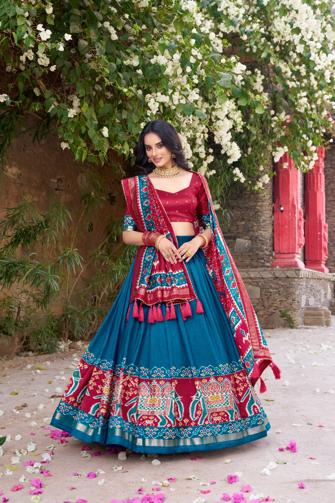 Teal Patola Print Tussar Silk Lehenga Set with Gotta Patti Dupatta ClothsVilla