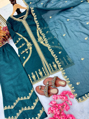 Teal Premium Designer Readymade Top, Plazzo & Dupatta Collection – Party Wear Edition ClothsVilla