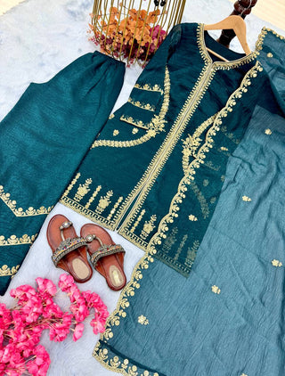 Teal Premium Designer Readymade Top, Plazzo & Dupatta Collection – Party Wear Edition ClothsVilla
