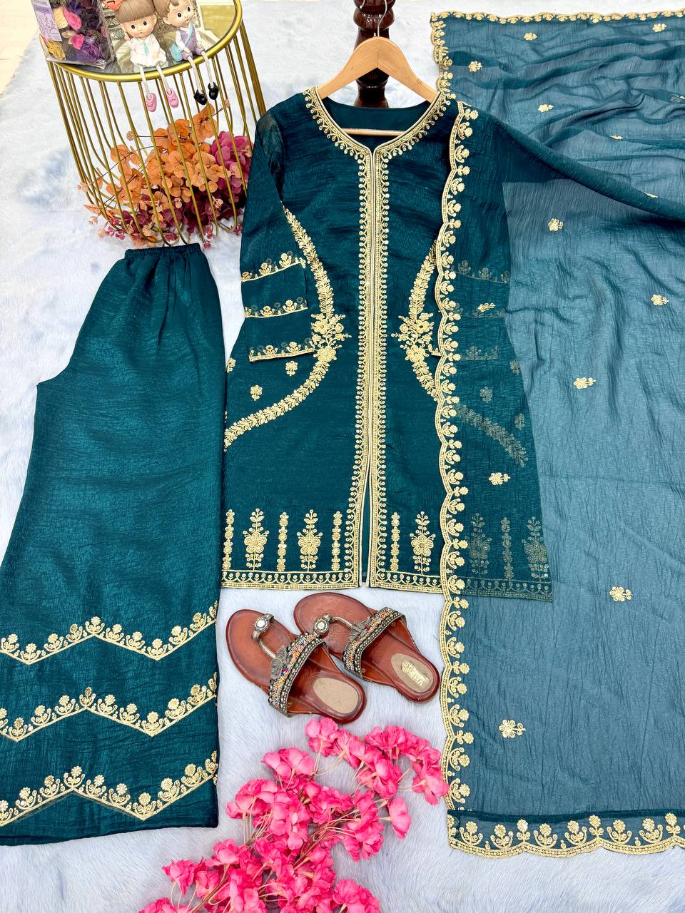 Teal Premium Designer Readymade Top, Plazzo & Dupatta Collection – Party Wear Edition ClothsVilla Main image