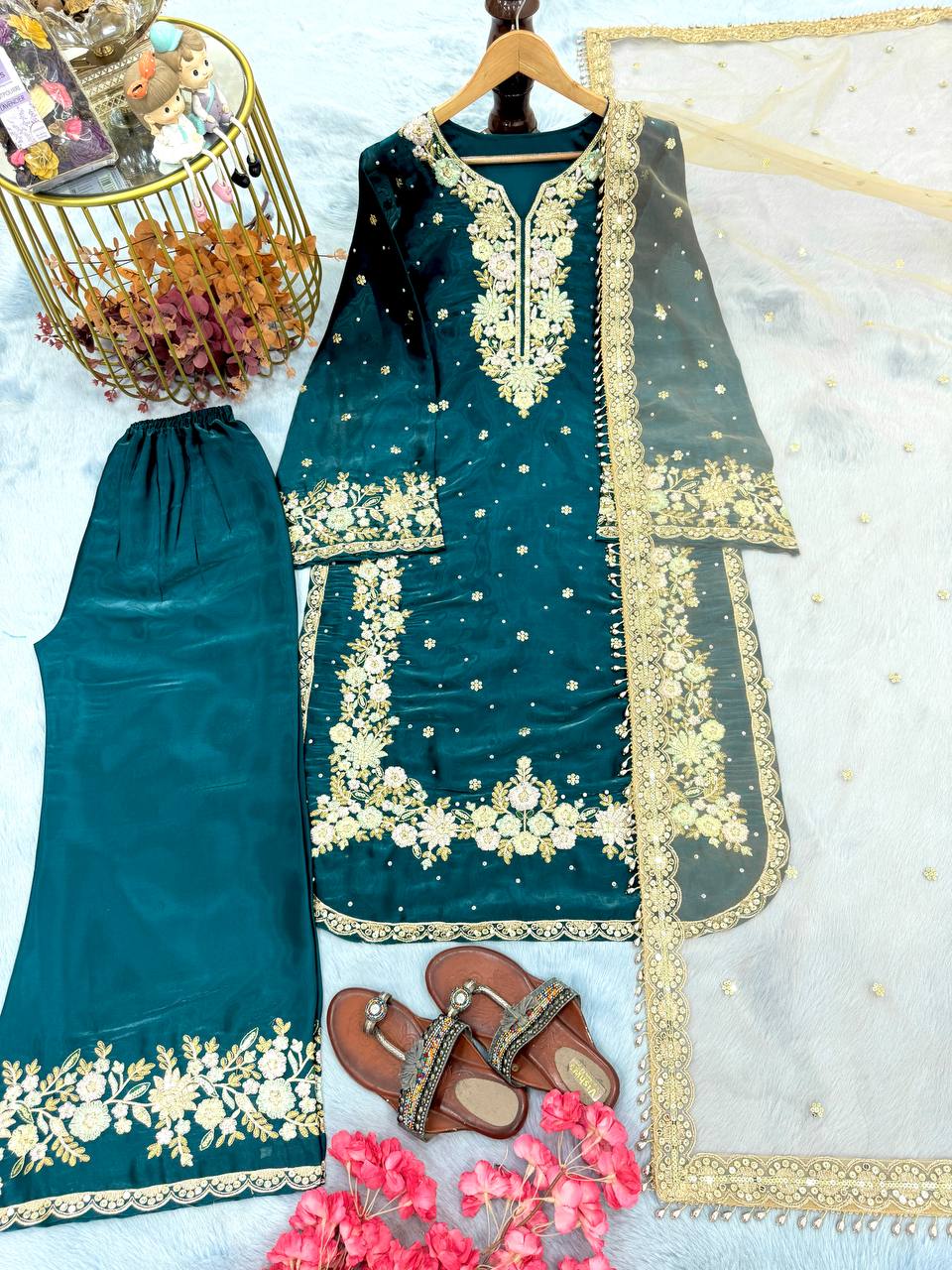 Teal Premium Jimmy Choo Embroidered Palazzo Set with Dupatta ClothsVilla