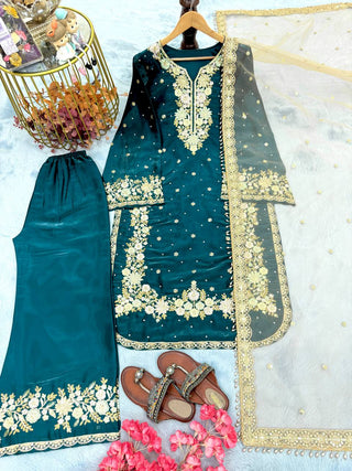 Teal Premium Jimmy Choo Embroidered Palazzo Set with Dupatta ClothsVilla
