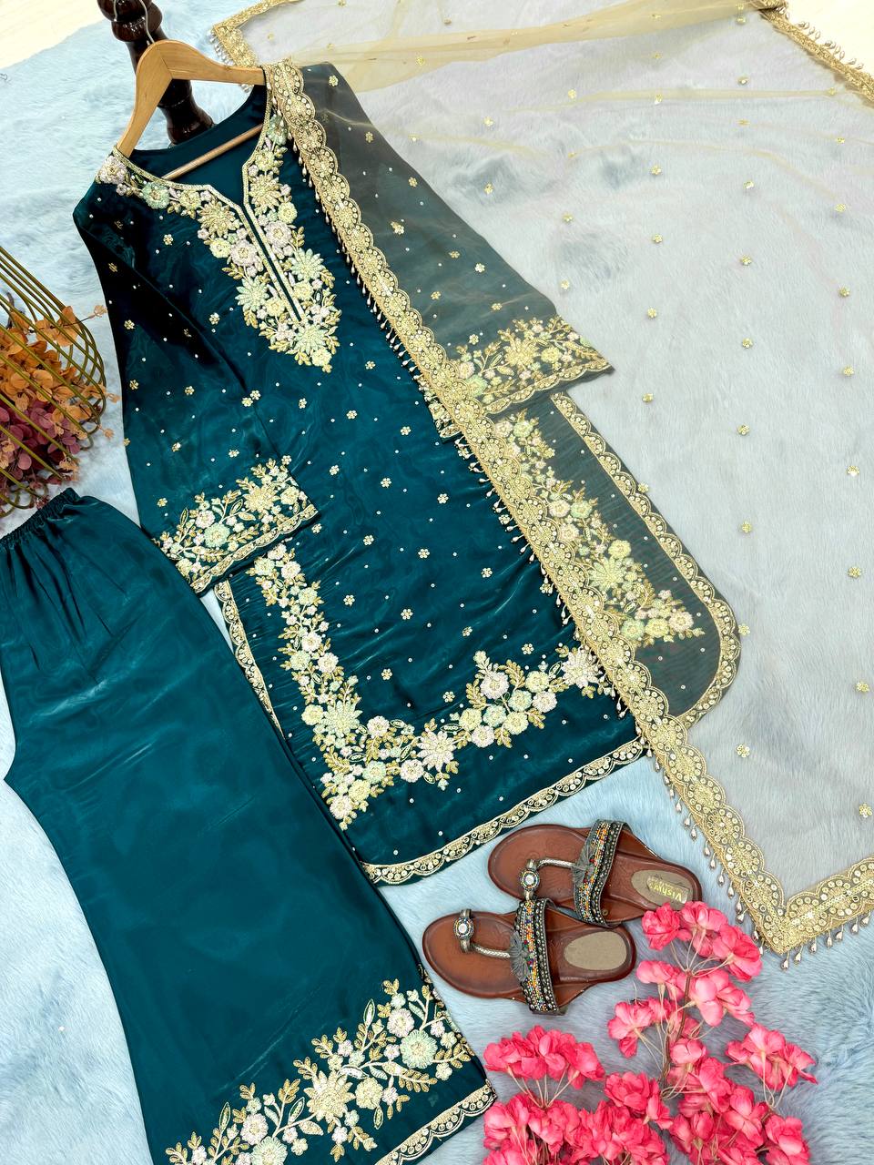 Teal Premium Embroidered Palazzo Set with Dupatta Secondary image