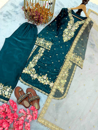 Teal Premium Jimmy Choo Embroidered Palazzo Set with Dupatta ClothsVilla
