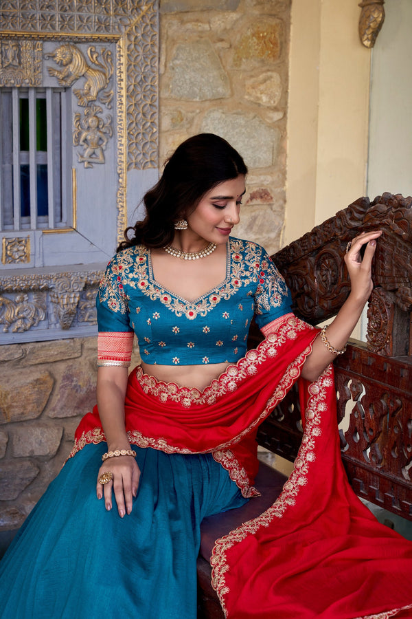 Teal Premium Vichitra Silk Lehenga Set with Zari & Sequin Detailing – 3-Piece Ensemble Clothsvilla