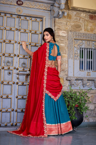Teal Premium Vichitra Silk Lehenga Set with Zari & Sequin Detailing – 3-Piece Ensemble Clothsvilla