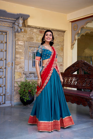 Teal Premium Vichitra Silk Lehenga Set with Zari & Sequin Detailing – 3-Piece Ensemble Clothsvilla