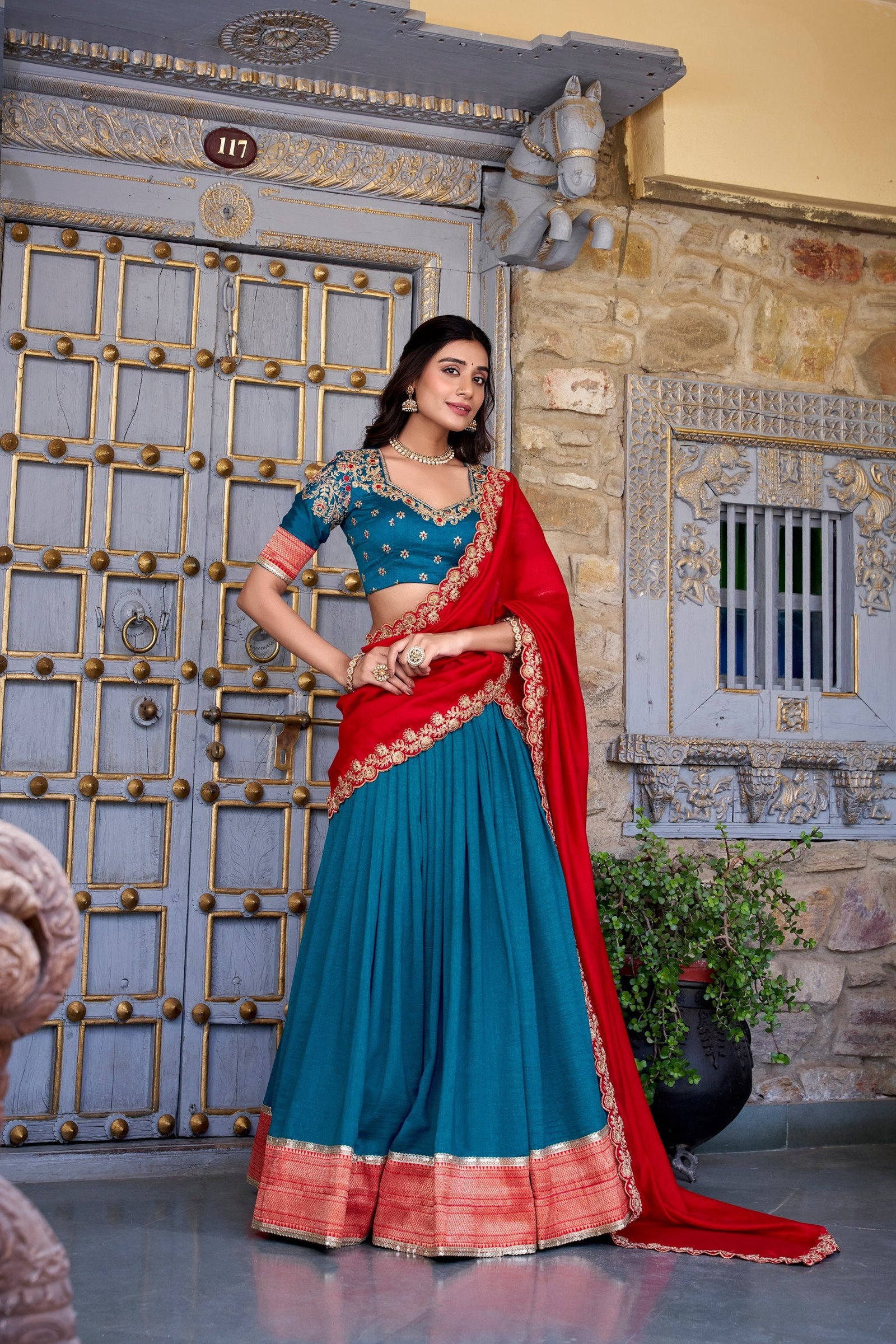 Teal Premium Vichitra Silk Lehenga Set with Zari & Sequin Detailing – 3-Piece Ensemble Clothsvilla