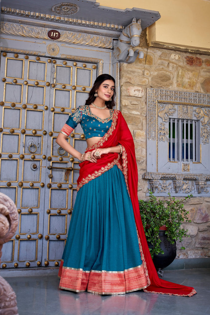 Teal Premium Vichitra Silk Lehenga Set with Zari & Sequin Detailing – 3-Piece Ensemble Clothsvilla