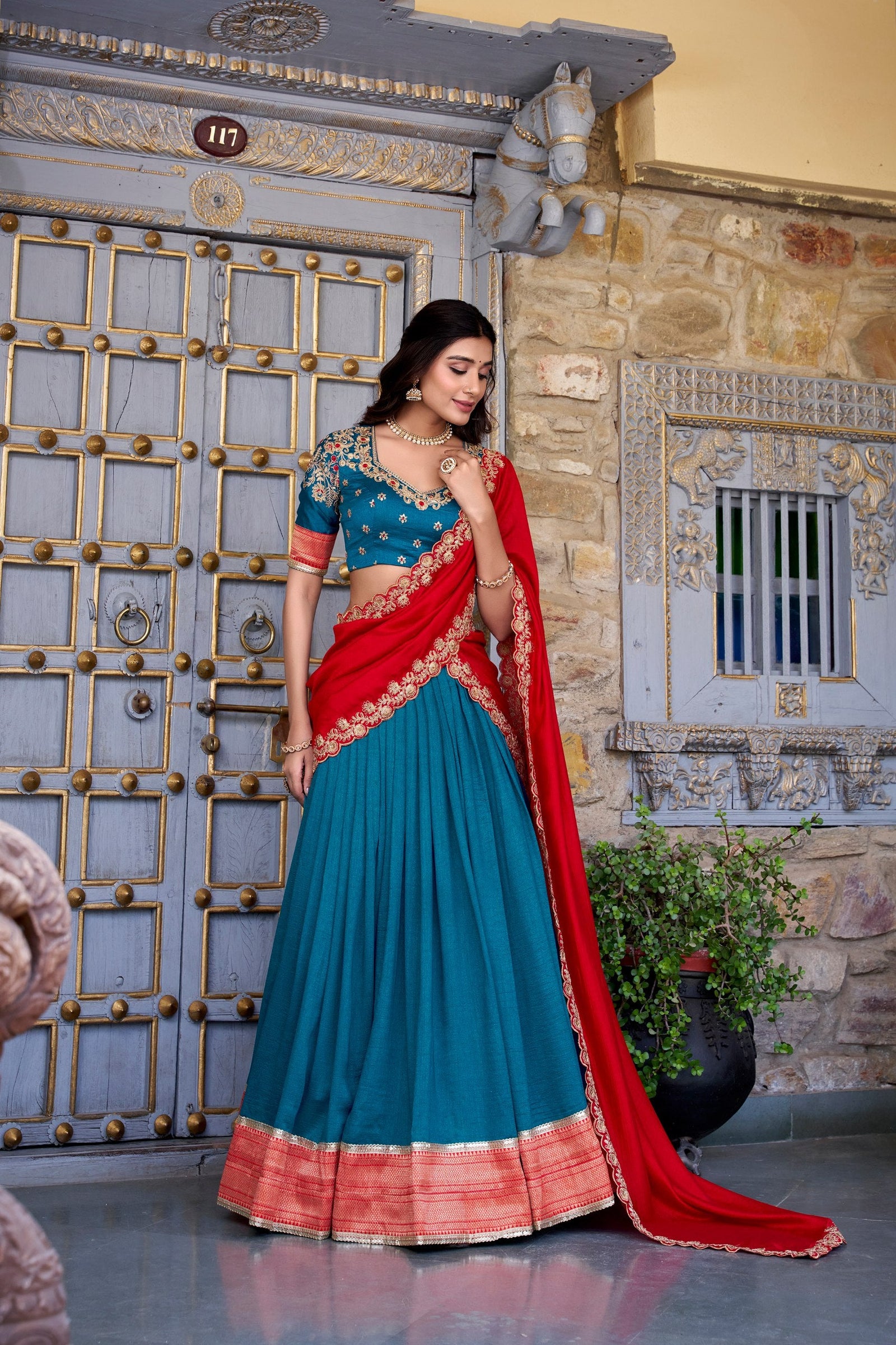 Teal Premium Vichitra Silk Lehenga Set with Zari & Sequin Detailing – 3-Piece Ensemble Clothsvilla