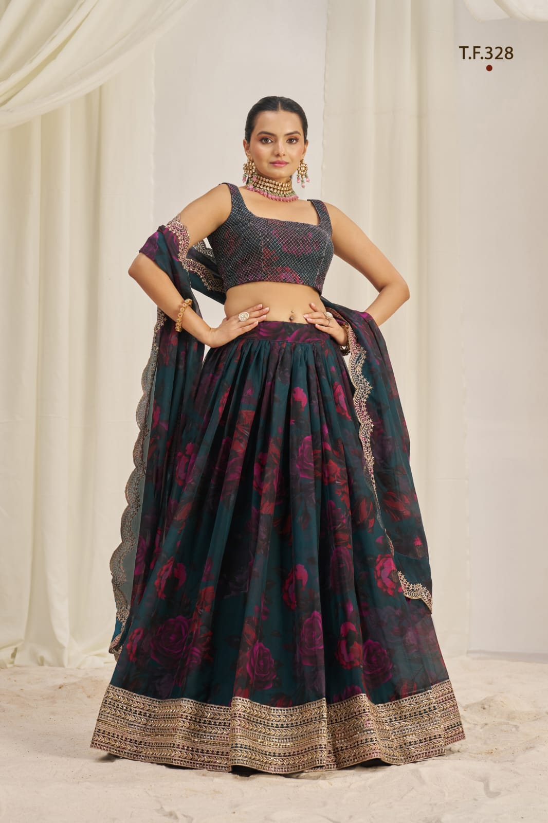 Teal Printed Organza Semi-Stitch Lehenga Choli with Zari, Dori, and Sequins Work ClothsVilla Main image