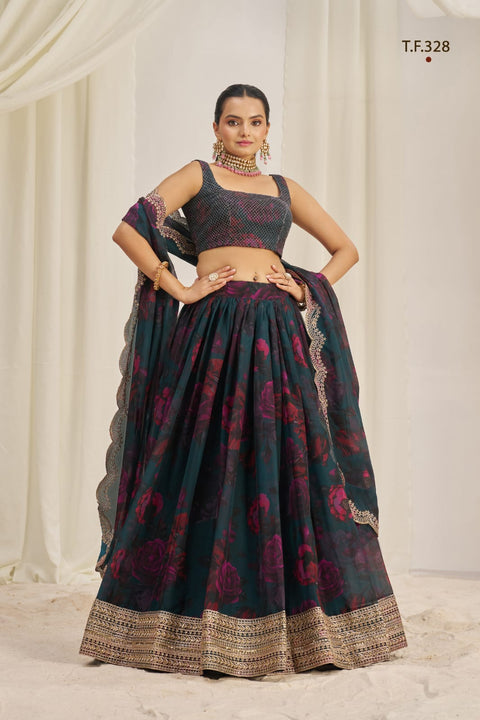 Teal Printed Organza Semi-Stitch Lehenga Choli with Zari, Dori, and Sequins Work ClothsVilla Main image
