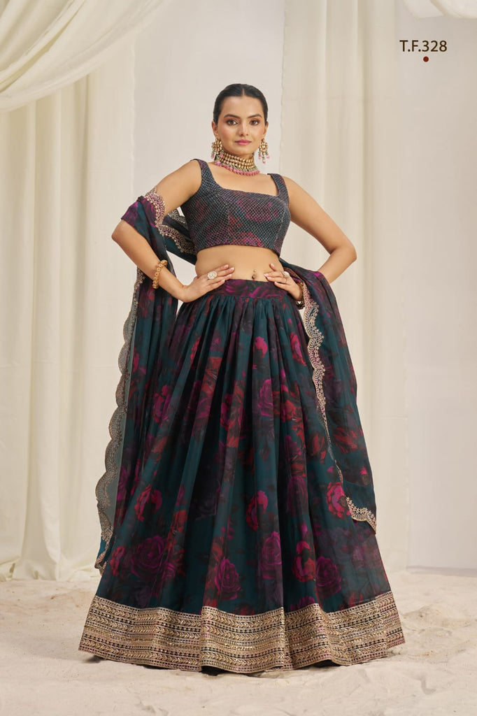 Teal Printed Organza Semi-Stitch Lehenga Choli with Zari, Dori, and Sequins Work ClothsVilla