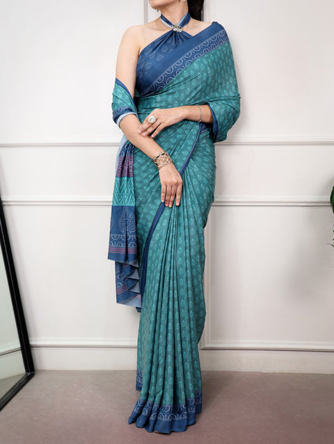 Teal Printed Satin Silk Saree ClothsVilla Main image