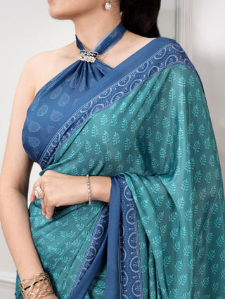 Teal Printed Satin Silk Saree ClothsVilla