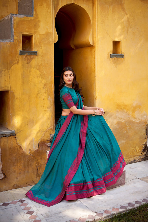 Teal Pure Chanderi Thread Work Lehenga Choli Set with Matching Dupatta – 4 Meter Flair, Stitched Lehenga & Unstitched Blouse ClothsVilla