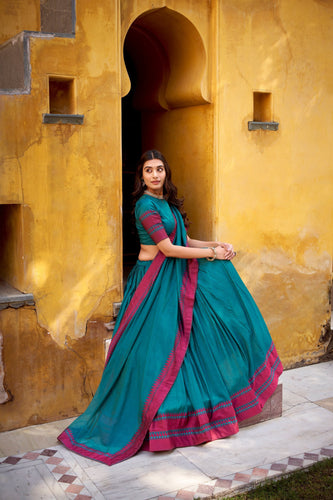 Teal Pure Chanderi Thread Work Lehenga Choli Set with Matching Dupatta – 4 Meter Flair, Stitched Lehenga & Unstitched Blouse ClothsVilla