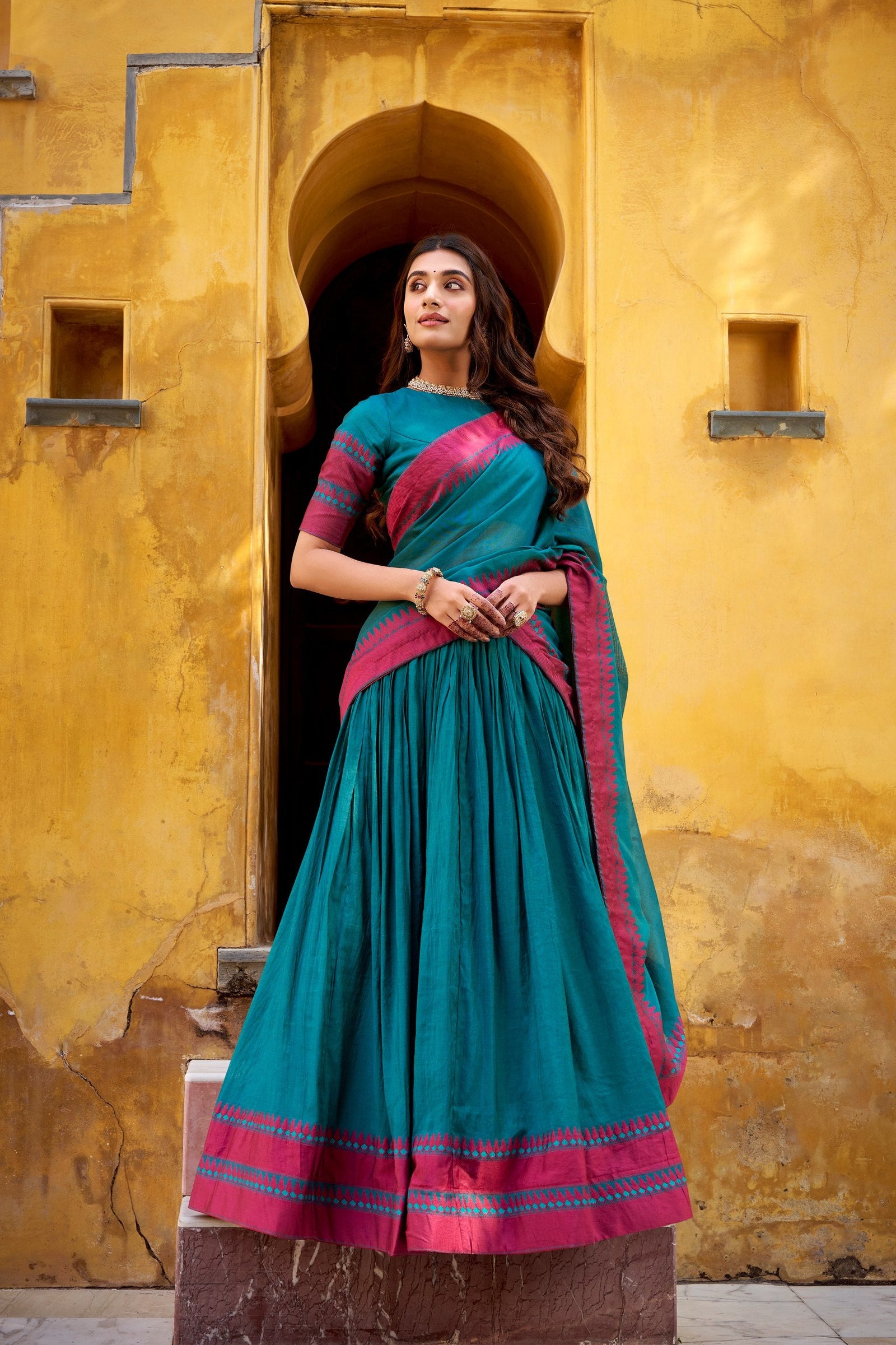 Teal Pure Chanderi Thread Work Lehenga Choli Set with Matching Dupatta – 4 Meter Flair, Stitched Lehenga & Unstitched Blouse ClothsVilla