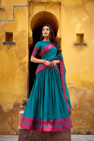 Teal Pure Chanderi Thread Work Lehenga Choli Set with Matching Dupatta – 4 Meter Flair, Stitched Lehenga & Unstitched Blouse ClothsVilla