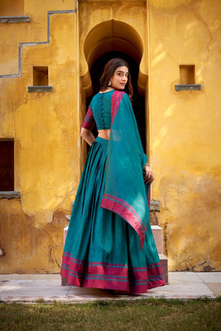 Teal Pure Chanderi Thread Work Lehenga Choli Set with Matching Dupatta – 4 Meter Flair, Stitched Lehenga & Unstitched Blouse ClothsVilla