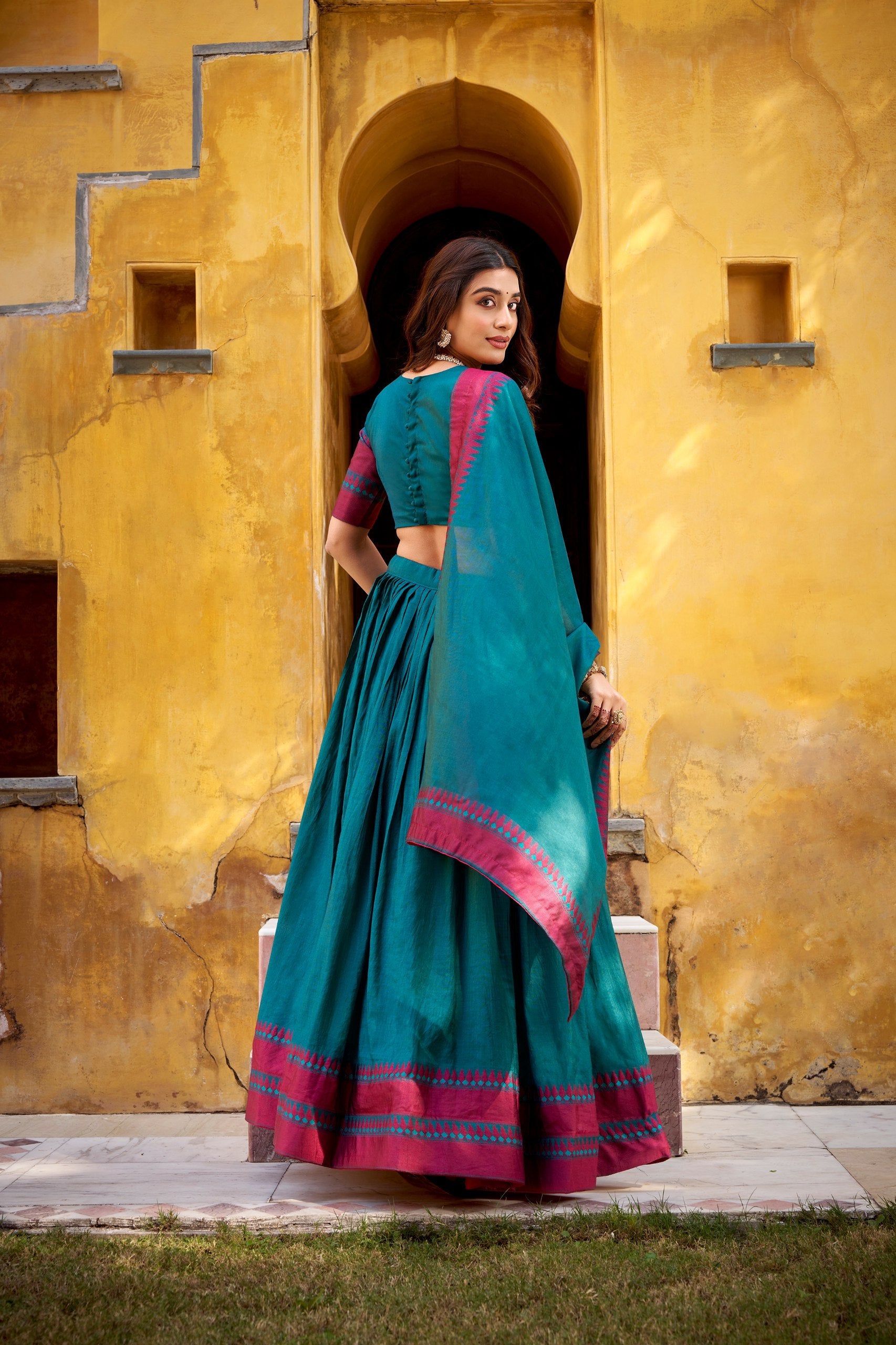 Teal Pure Chanderi Thread Work Lehenga Choli Set with Matching Dupatta – 4 Meter Flair, Stitched Lehenga & Unstitched Blouse ClothsVilla