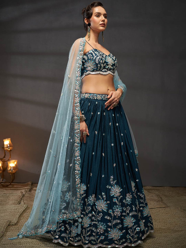 Teal Pure Chiffon Sequins embroidery Semi-Stitched Lehenga choli & Dupatta ClothsVilla