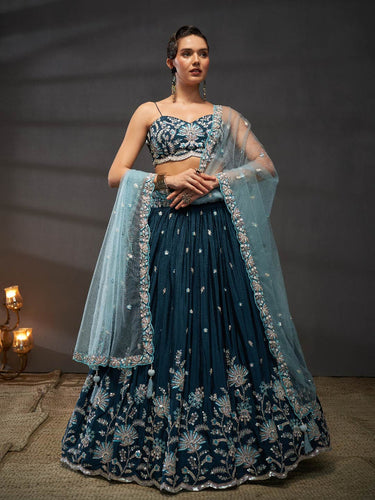 Teal Pure Chiffon Sequins embroidery Semi-Stitched Lehenga choli & Dupatta ClothsVilla