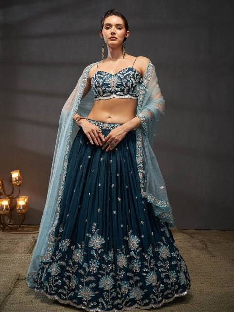 Teal Pure Chiffon Sequins embroidery Semi-Stitched Lehenga choli & Dupatta ClothsVilla Main image