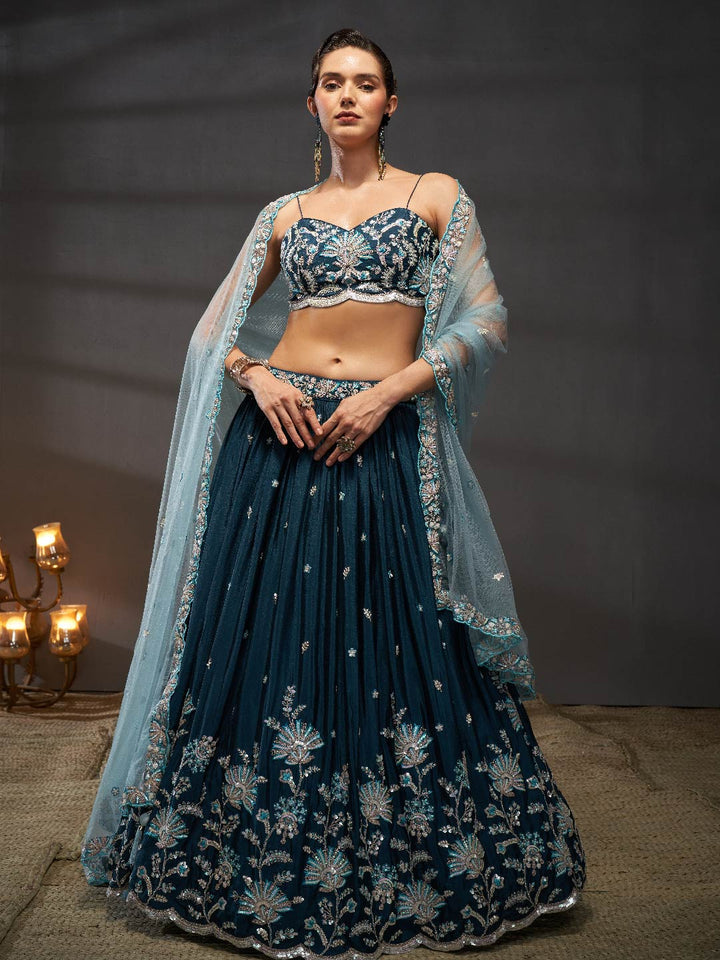 Teal Pure Chiffon Sequins embroidery Semi-Stitched Lehenga choli & Dupatta ClothsVilla Main image