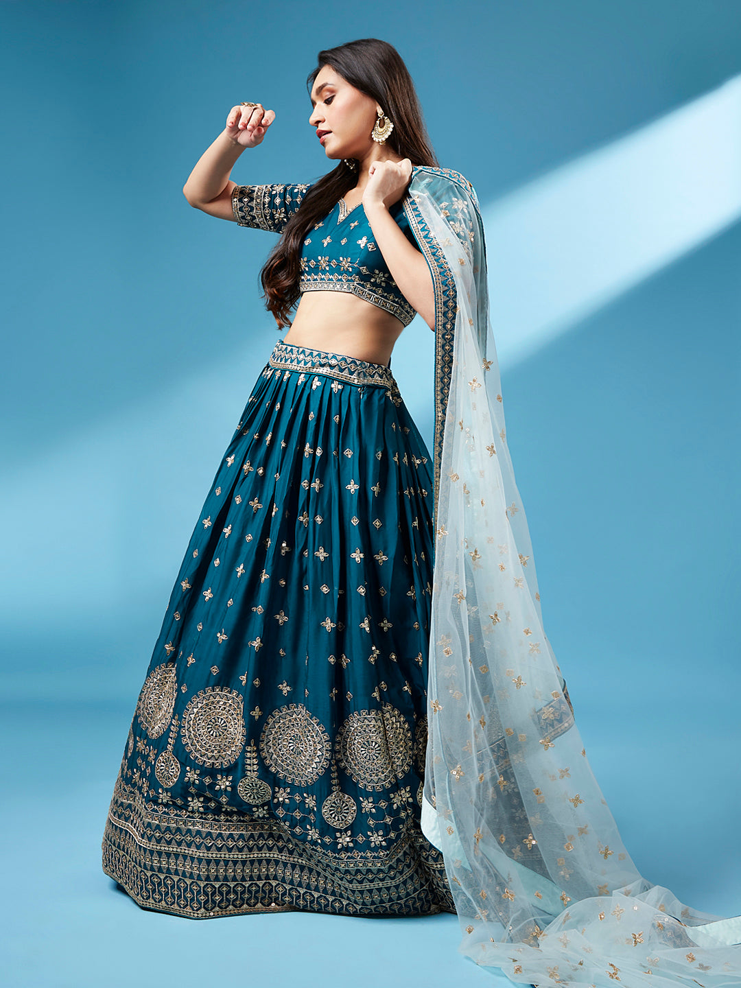 Teal - Pure Georgette Embroidered Semi-Stitched Lehenga ClothsVilla