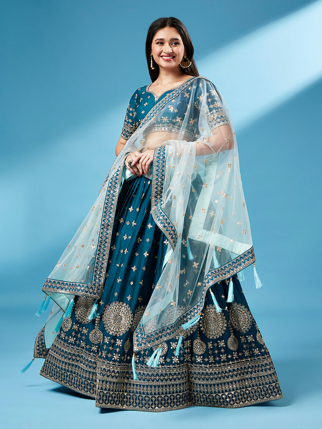 Teal - Pure Georgette Embroidered Semi-Stitched Lehenga ClothsVilla