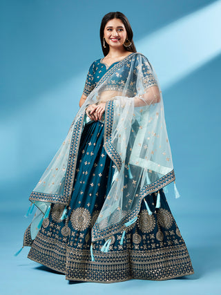 Teal - Pure Georgette Embroidered Semi-Stitched Lehenga ClothsVilla