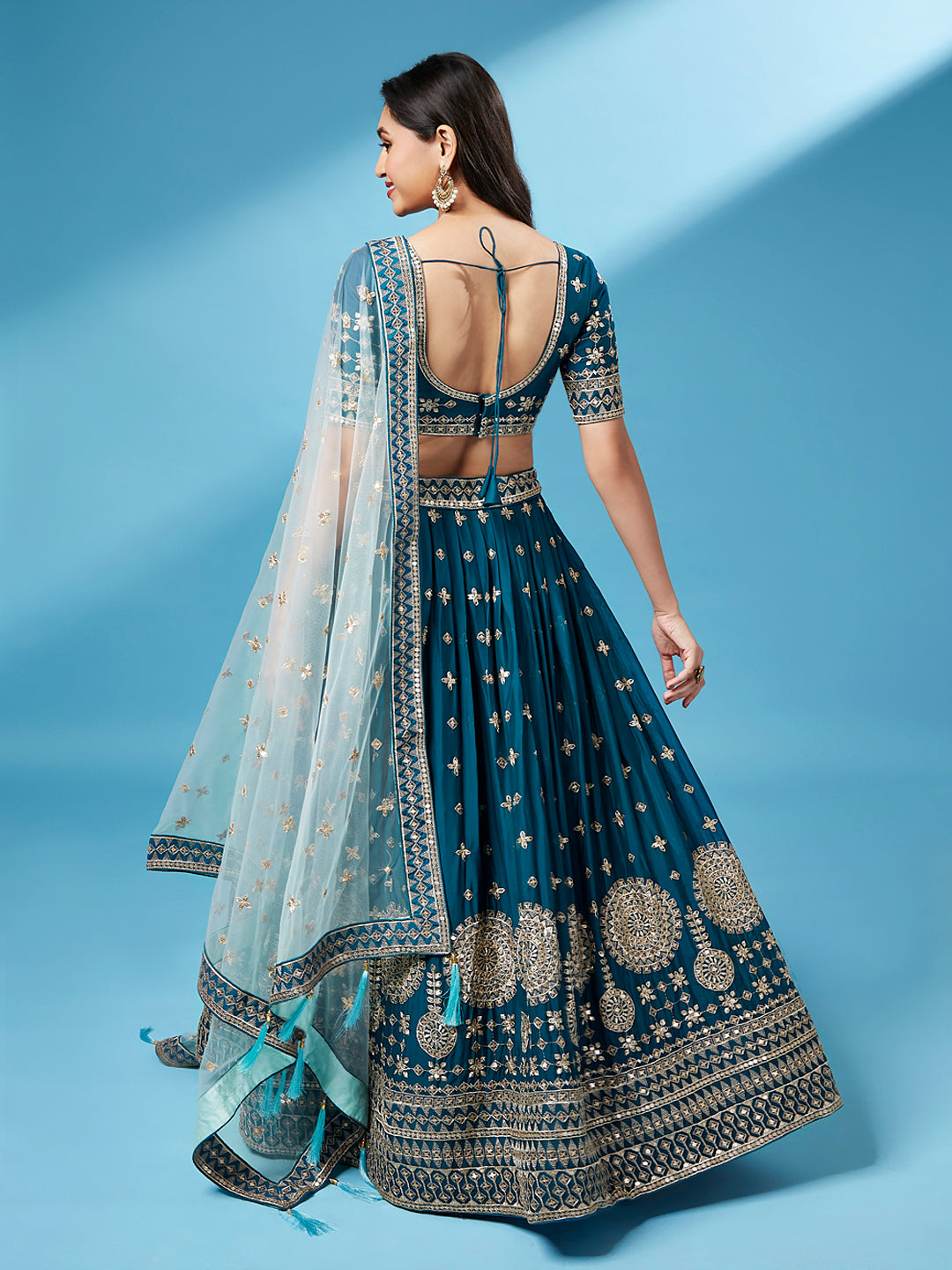Teal - Pure Georgette Embroidered Semi-Stitched Lehenga ClothsVilla