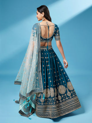 Teal - Pure Georgette Embroidered Semi-Stitched Lehenga ClothsVilla