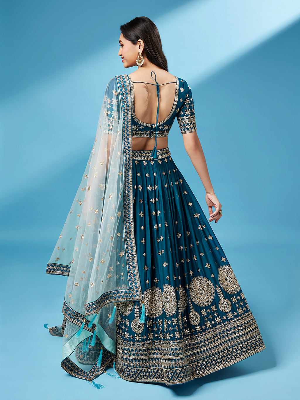 Teal - Pure Georgette Embroidered Semi-Stitched Lehenga ClothsVilla
