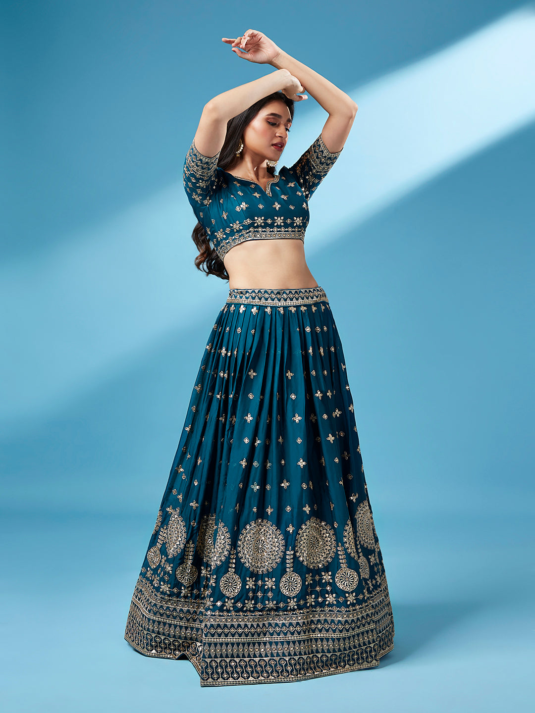 Teal - Pure Georgette Embroidered Semi-Stitched Lehenga ClothsVilla