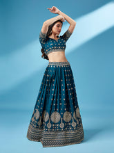 Load image into Gallery viewer, Teal - Pure Georgette Embroidered Semi-Stitched Lehenga ClothsVilla