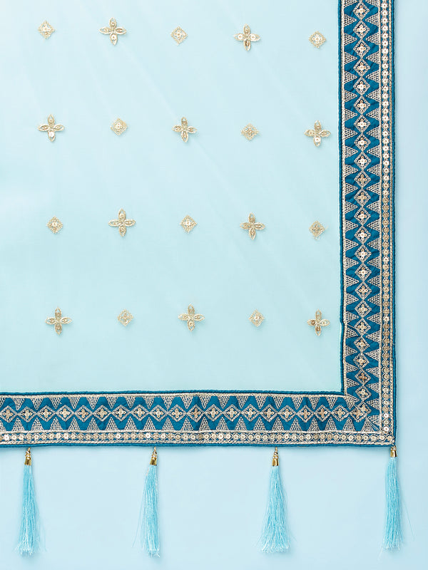 Teal - Pure Georgette Embroidered Semi-Stitched Lehenga ClothsVilla